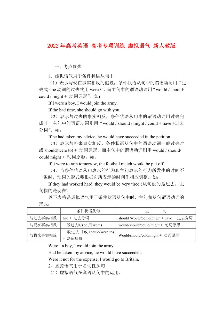 2022年高考英语 高考专项训练 虚拟语气 新人教版_第1页