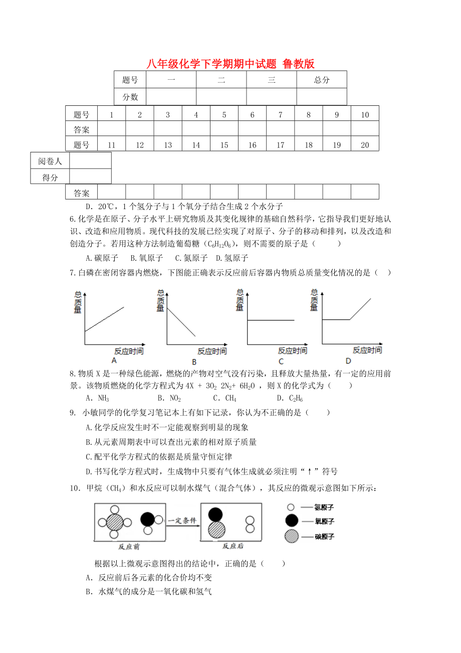 八年级化学下学期期中试题 鲁教版_第1页