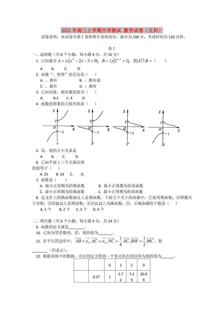 2022年高三上學(xué)期開學(xué)測試 數(shù)學(xué)試卷（文科）_第1頁