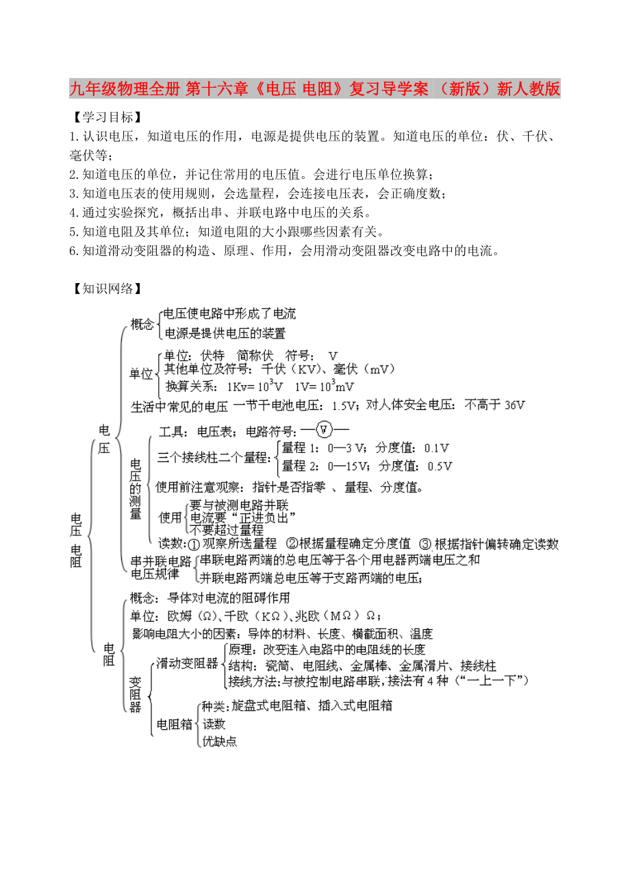 九年級(jí)物理全冊(cè) 第十六章《電壓 電阻》復(fù)習(xí)導(dǎo)學(xué)案 （新版）新人教版_第1頁(yè)