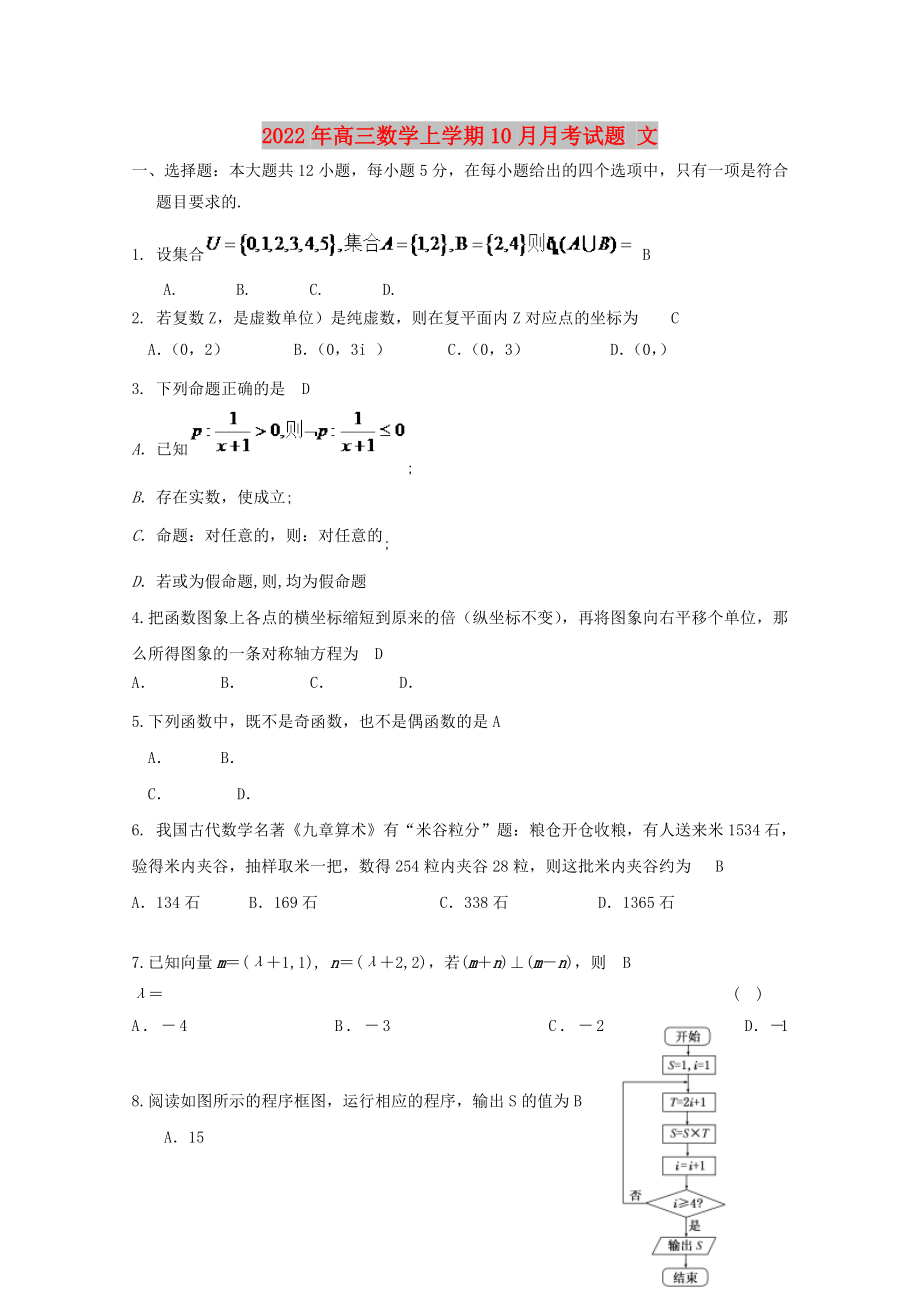 2022年高三數(shù)學上學期10月月考試題 文_第1頁