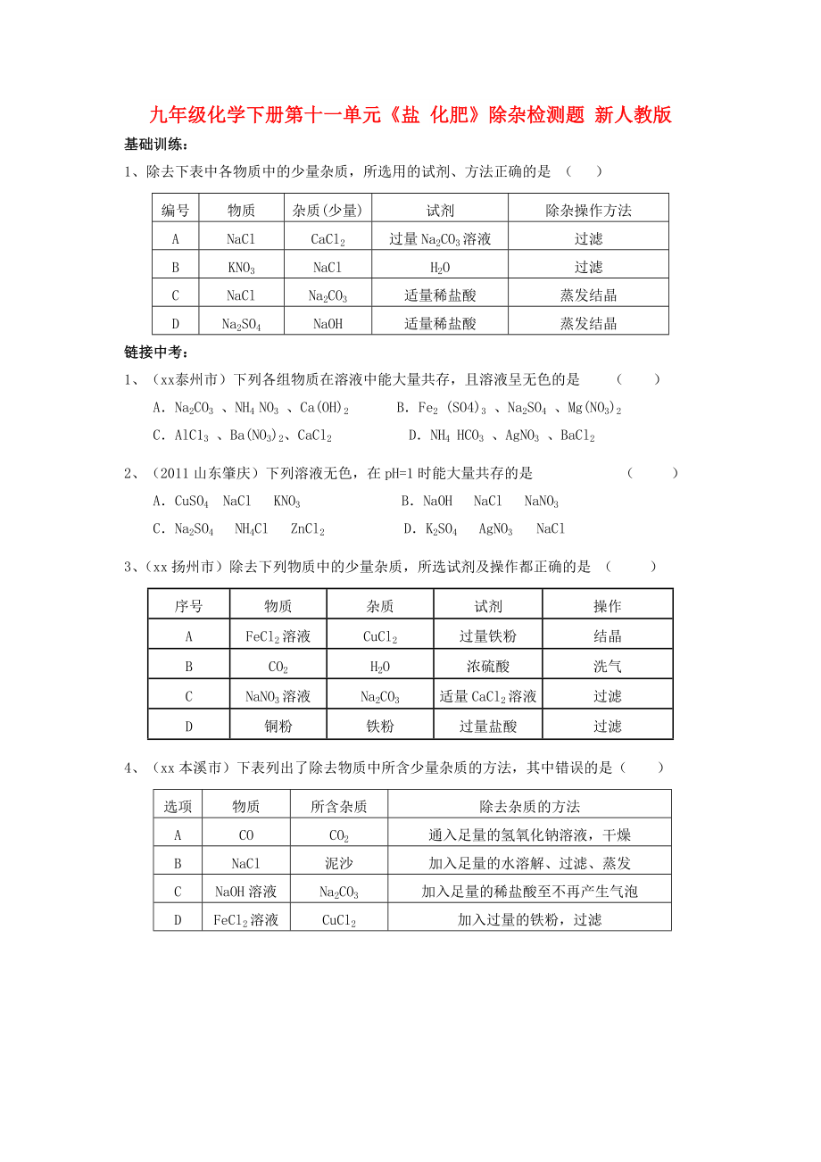 九年級(jí)化學(xué)下冊(cè)第十一單元《鹽 化肥》除雜檢測(cè)題 新人教版_第1頁(yè)