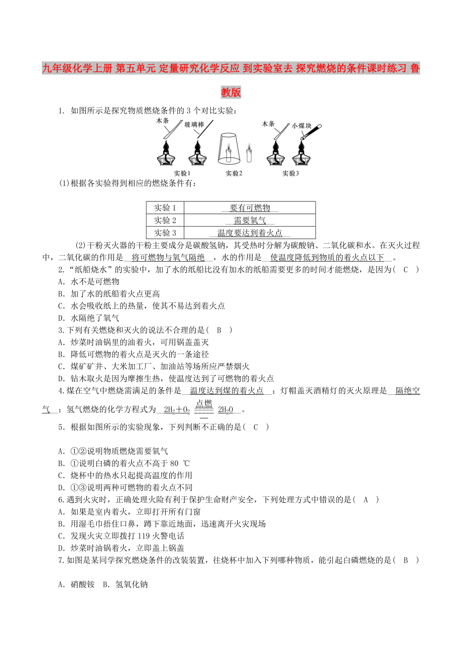 九年級(jí)化學(xué)上冊(cè) 第五單元 定量研究化學(xué)反應(yīng) 到實(shí)驗(yàn)室去 探究燃燒的條件課時(shí)練習(xí) 魯教版_第1頁(yè)