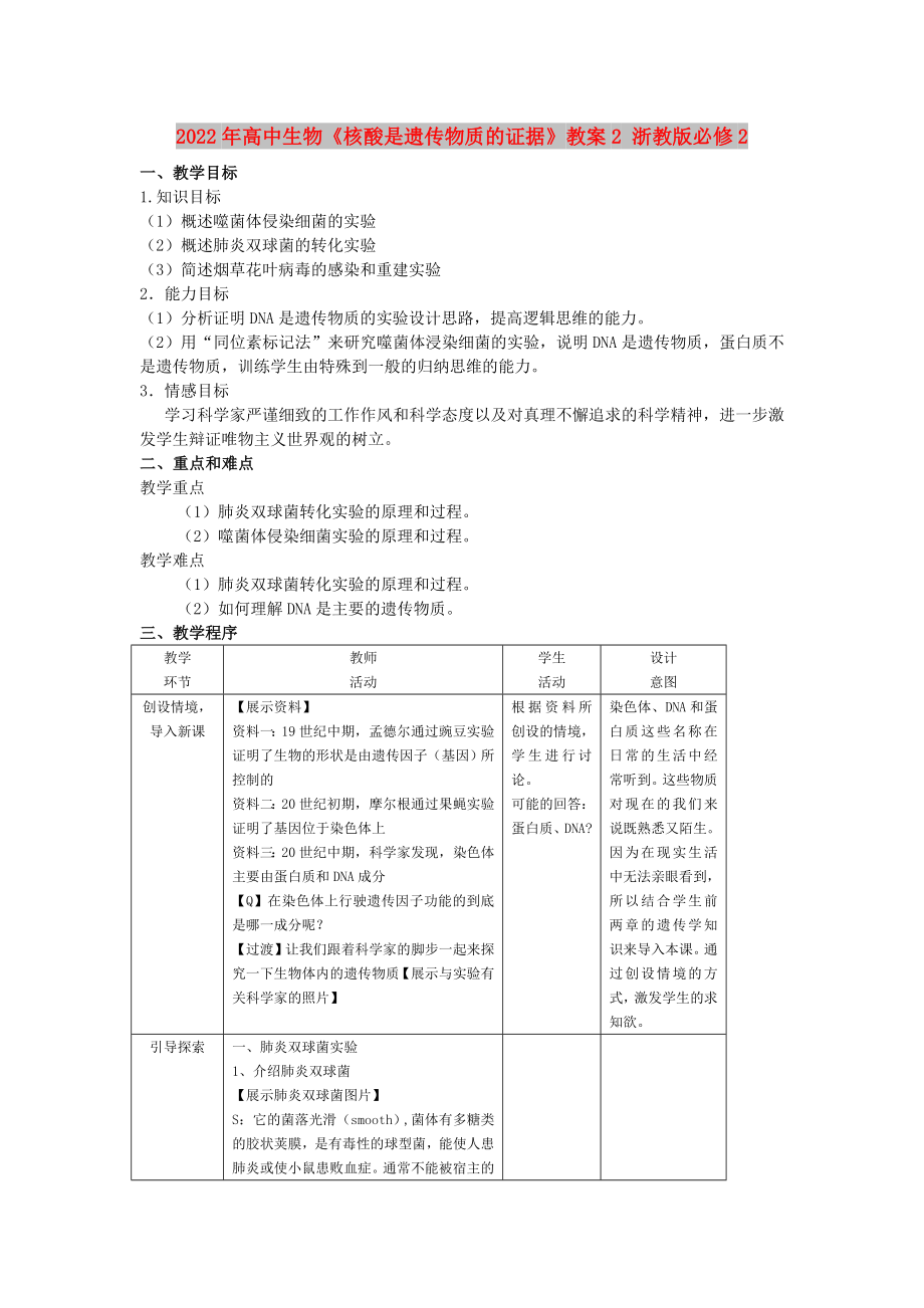 2022年高中生物《核酸是遺傳物質(zhì)的證據(jù)》教案2 浙教版必修2_第1頁