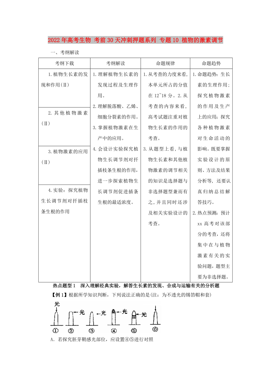 2022年高考生物 考前30天沖刺押題系列 專題10 植物的激素調(diào)節(jié)_第1頁