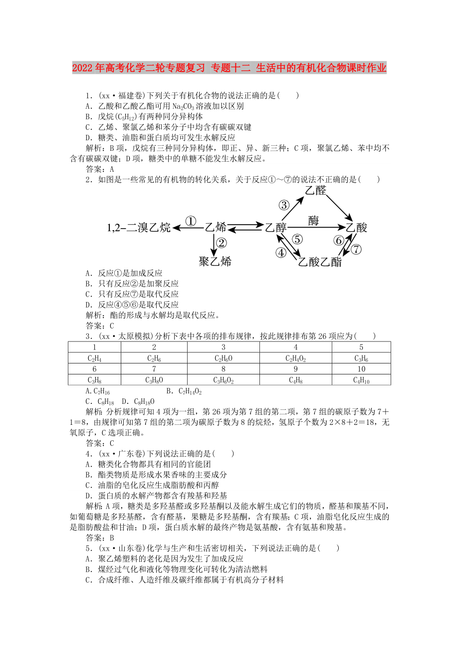 2022年高考化學(xué)二輪專題復(fù)習(xí) 專題十二 生活中的有機(jī)化合物課時(shí)作業(yè)_第1頁(yè)