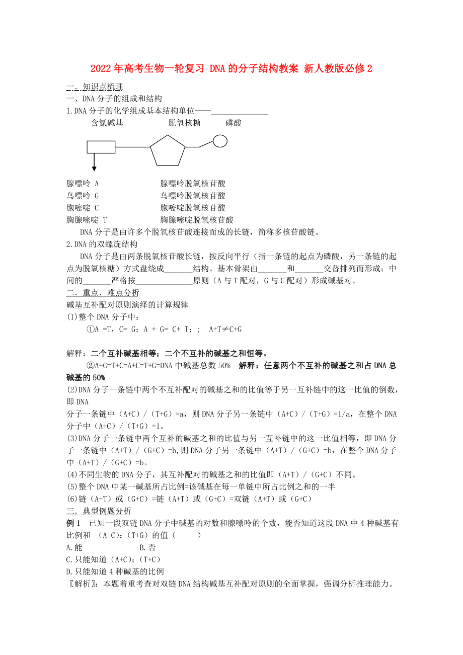 2022年高考生物一輪復習 DNA的分子結(jié)構(gòu)教案 新人教版必修2_第1頁