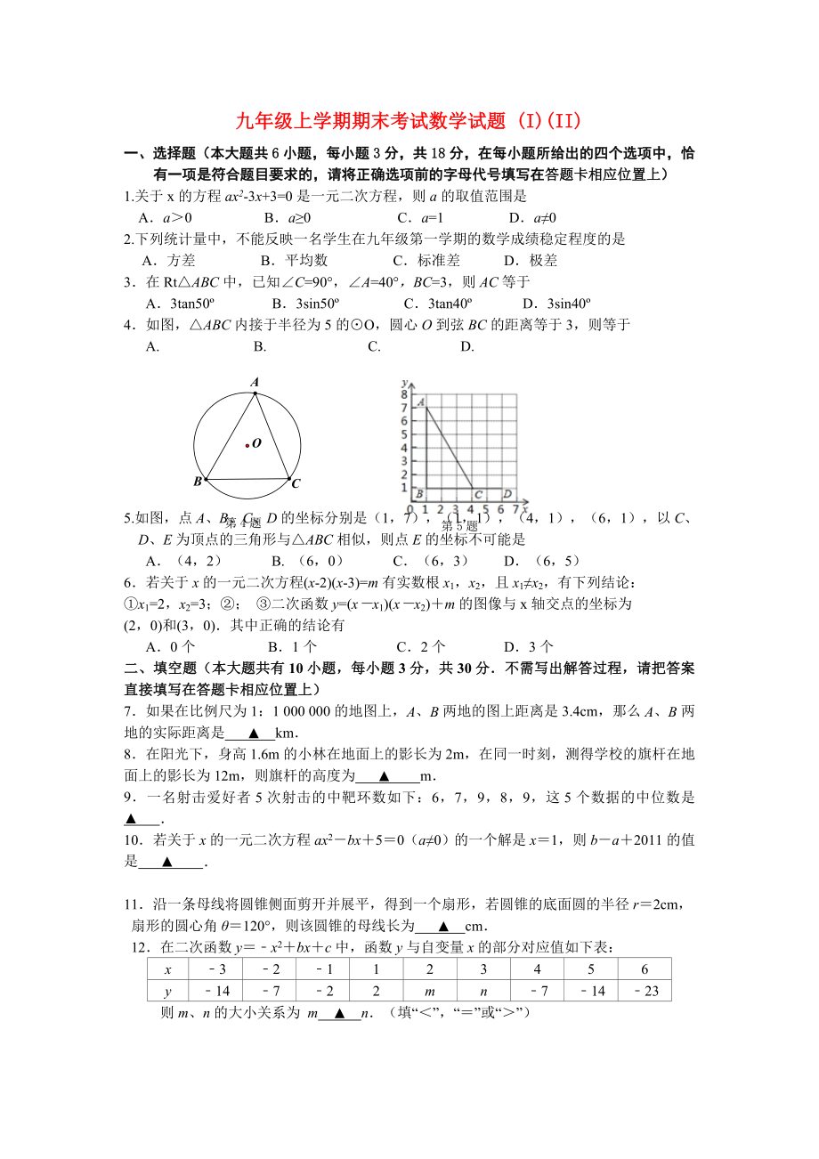 九年級上學期期末考試數(shù)學試題 (I)(II)_第1頁