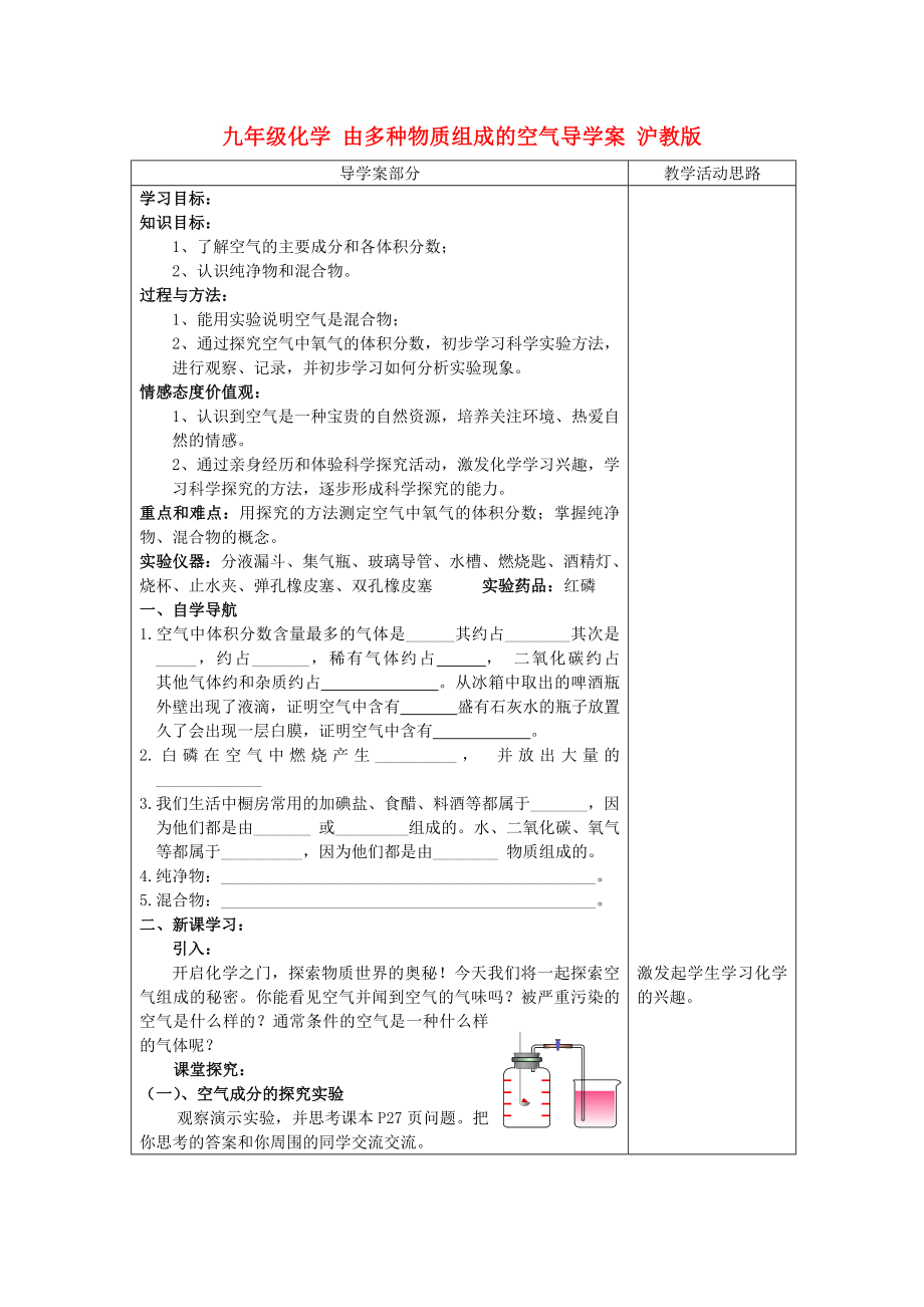 九年級化學 由多種物質組成的空氣導學案 滬教版_第1頁