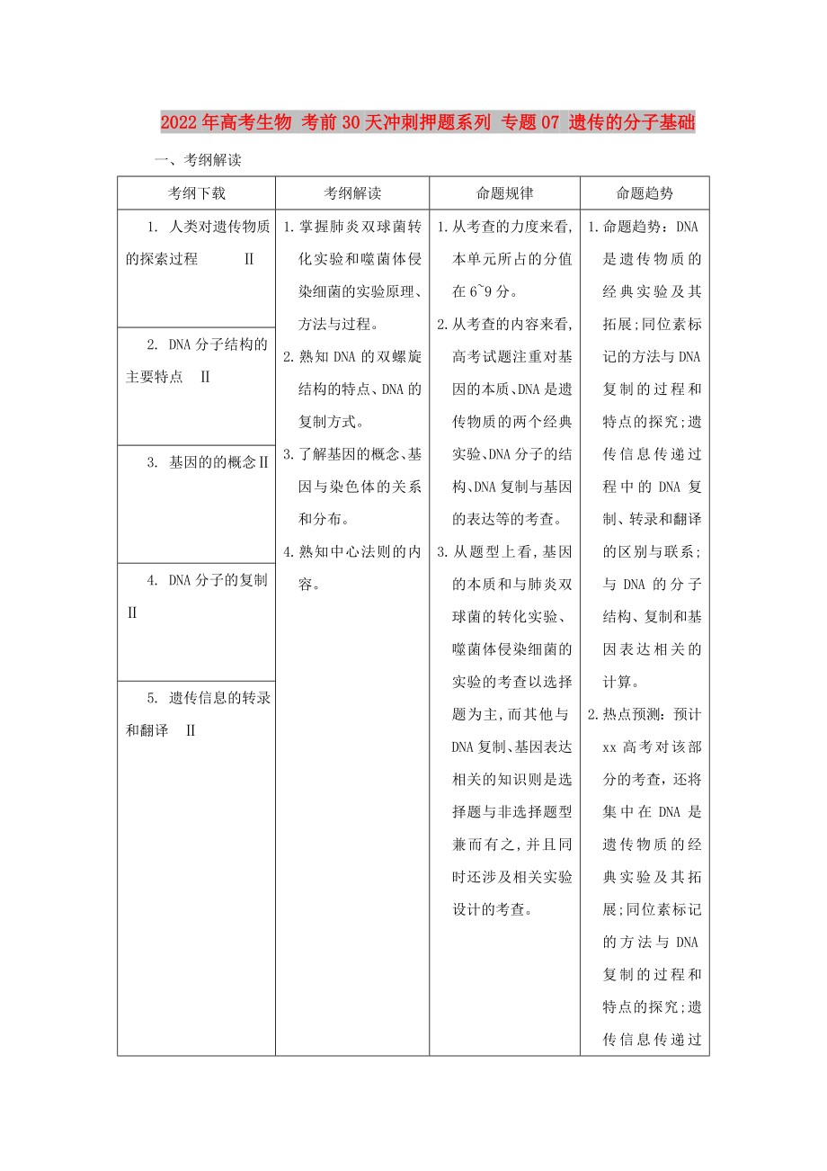 2022年高考生物 考前30天冲刺押题系列 专题07 遗传的分子基础_第1页