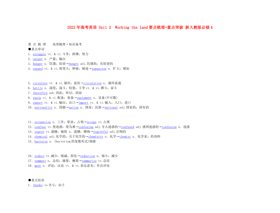 2022年高考英語 Unit 2　Working the land要點梳理+重點突破 新人教版必修4_第1頁