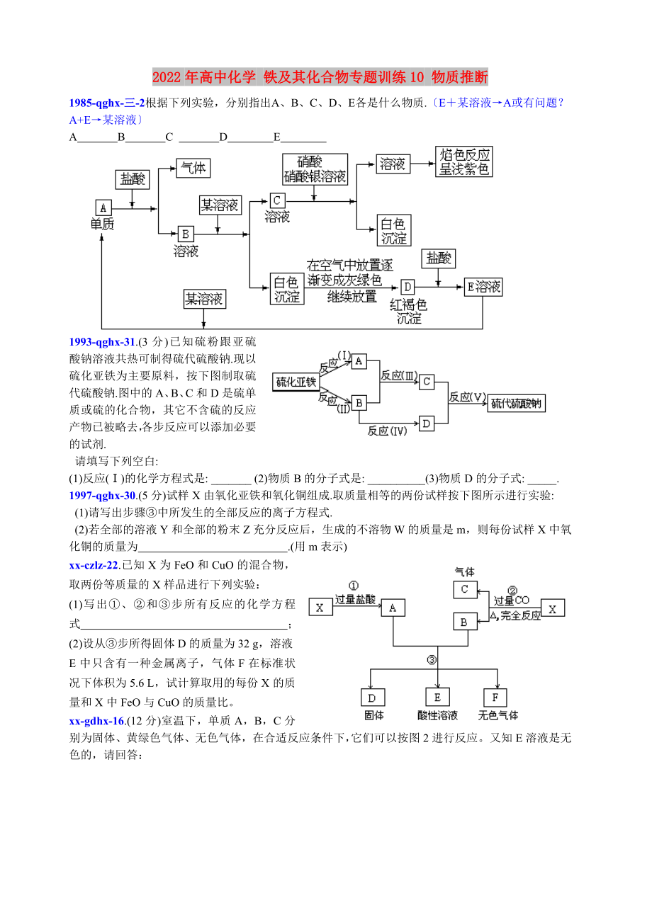 2022年高中化学 铁及其化合物专题训练10 物质推断_第1页