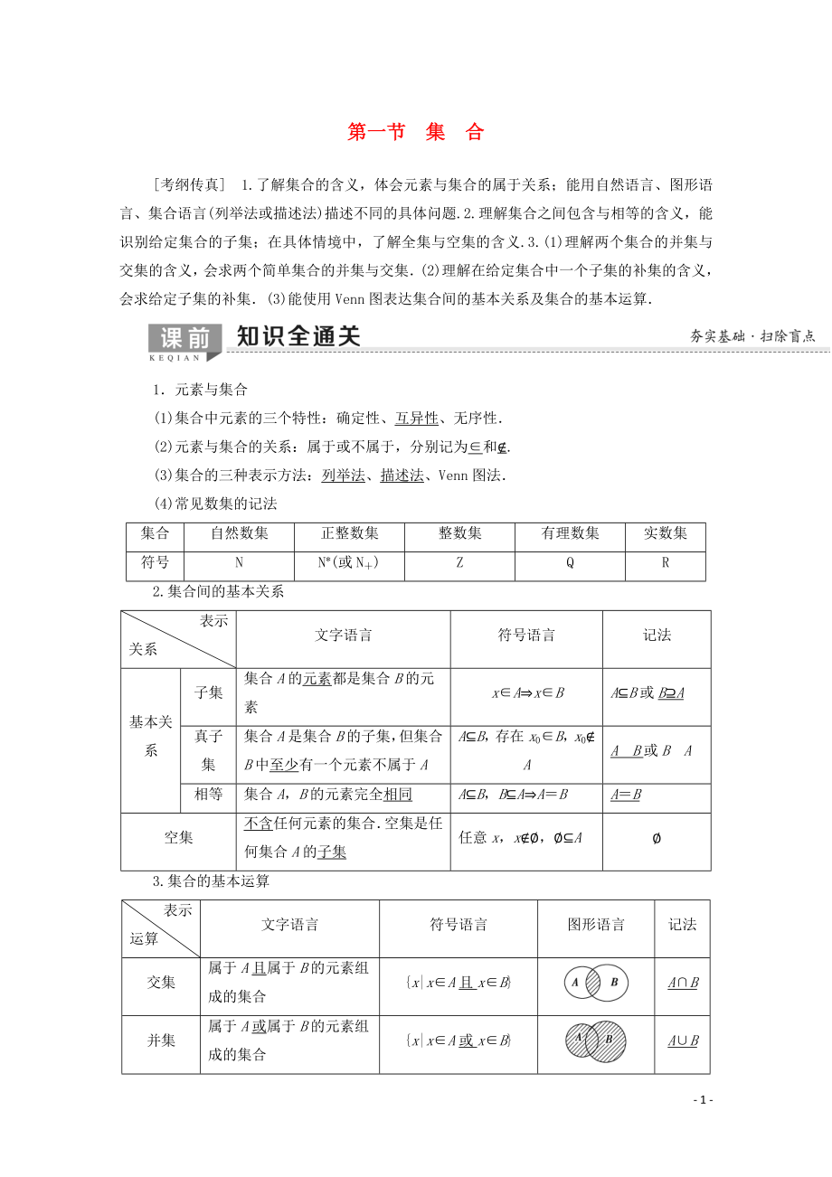 2020版高考數(shù)學(xué)一輪復(fù)習(xí) 第1章 集合與常用邏輯用語(yǔ) 第1節(jié) 集合教學(xué)案 文（含解析）北師大版_第1頁(yè)