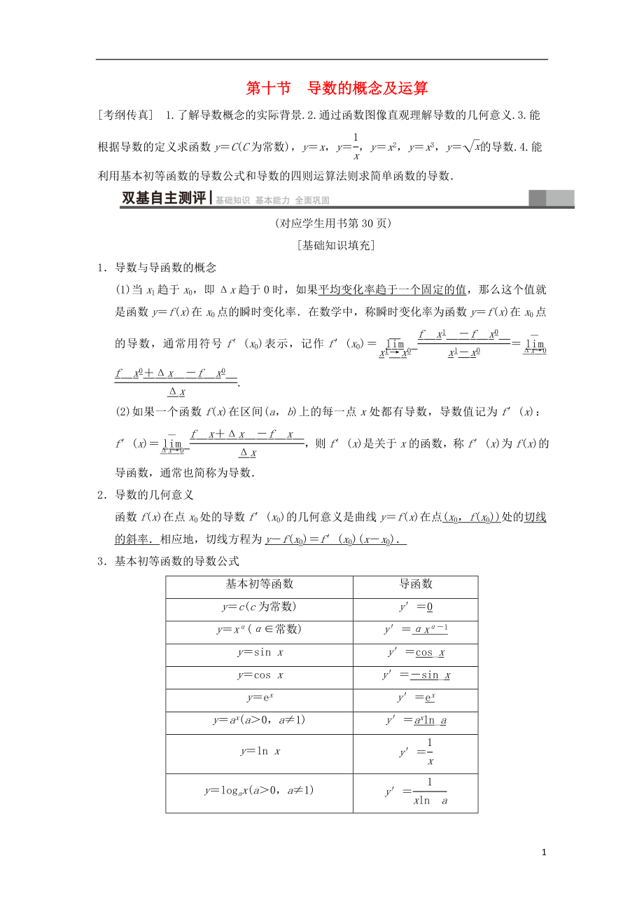 2019年高考數(shù)學(xué)一輪復(fù)習(xí) 第2章 函數(shù)、導(dǎo)數(shù)及其應(yīng)用 第10節(jié) 導(dǎo)數(shù)的概念及運(yùn)算學(xué)案 文 北師大版_第1頁