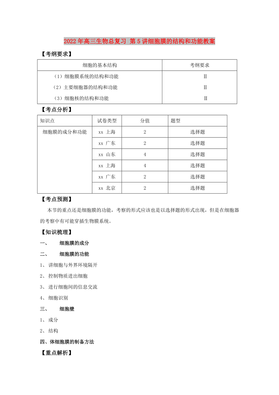 2022年高三生物總復(fù)習(xí) 第5講細胞膜的結(jié)構(gòu)和功能教案_第1頁