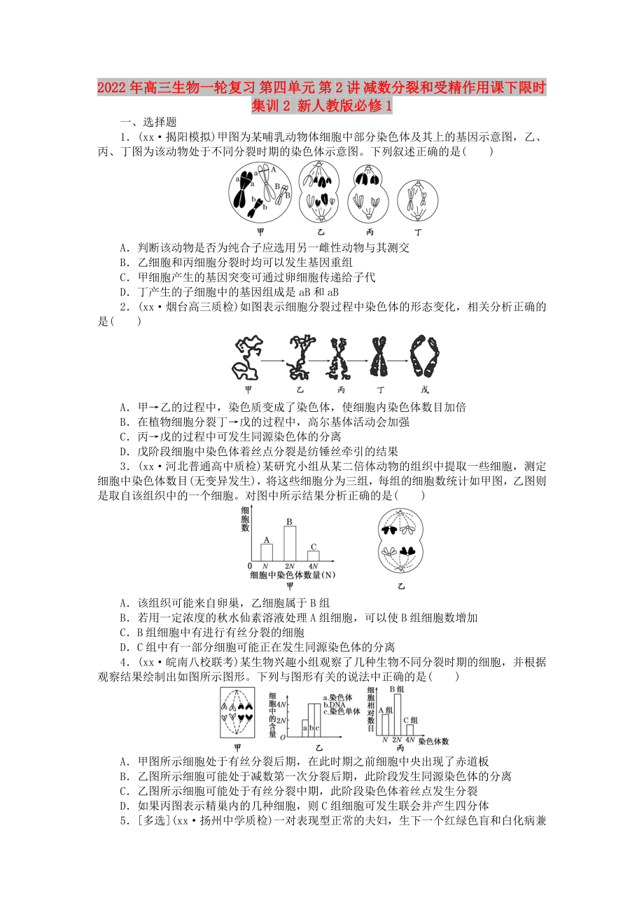 2022年高三生物一輪復(fù)習(xí) 第四單元 第2講 減數(shù)分裂和受精作用課下限時(shí)集訓(xùn)2 新人教版必修1_第1頁(yè)