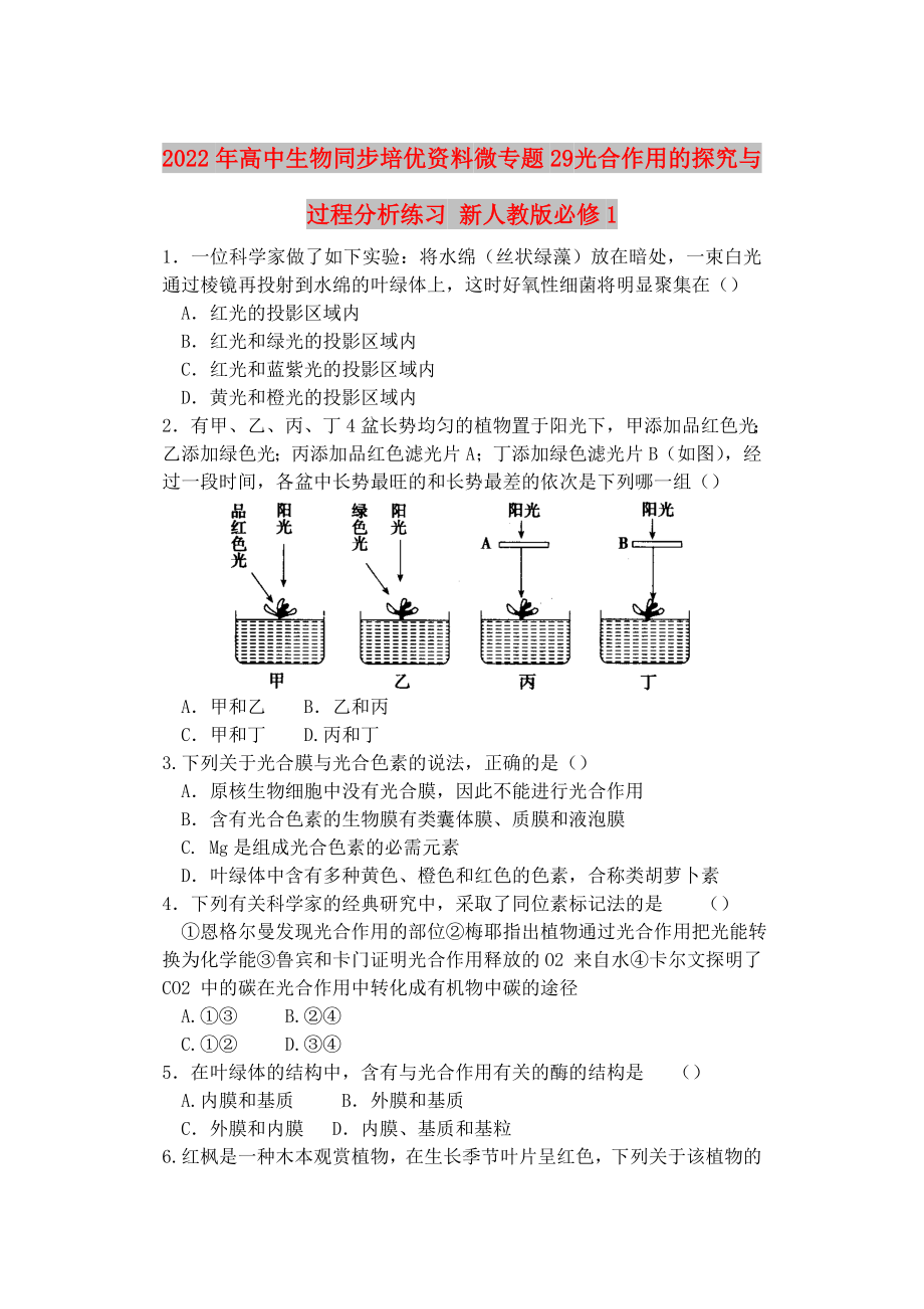 2022年高中生物同步培优资料 微专题29 光合作用的探究与过程分析练习 新人教版必修1_第1页