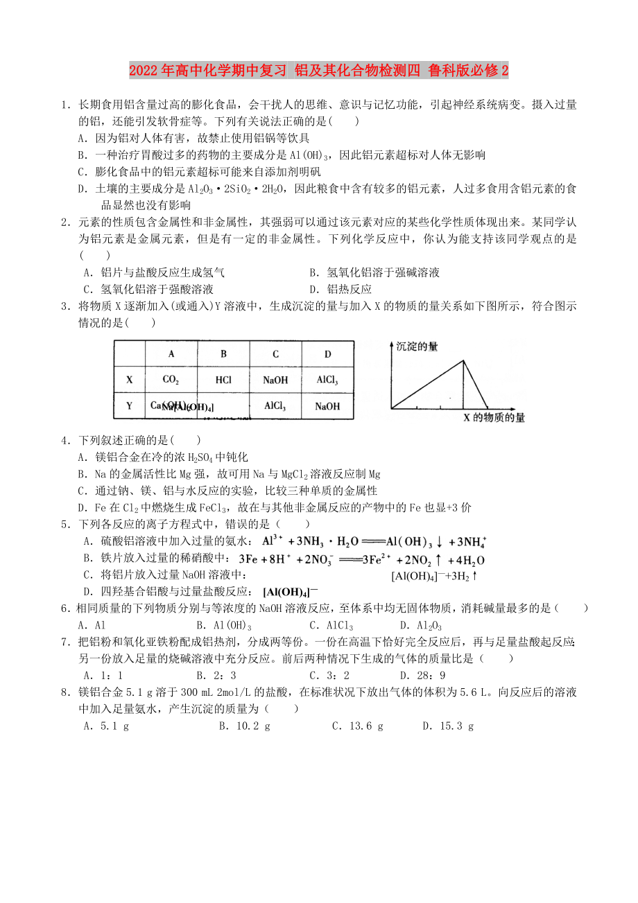 2022年高中化学期中复习 铝及其化合物检测四 鲁科版必修2_第1页