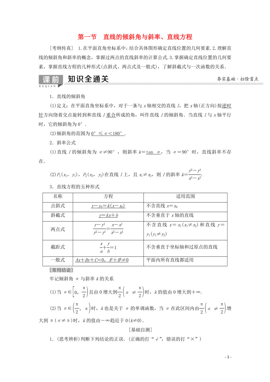 2020版高考數(shù)學(xué)一輪復(fù)習(xí) 第8章 平面解析幾何 第1節(jié) 直線的傾斜角與斜率、直線方程教學(xué)案 文（含解析）北師大版_第1頁