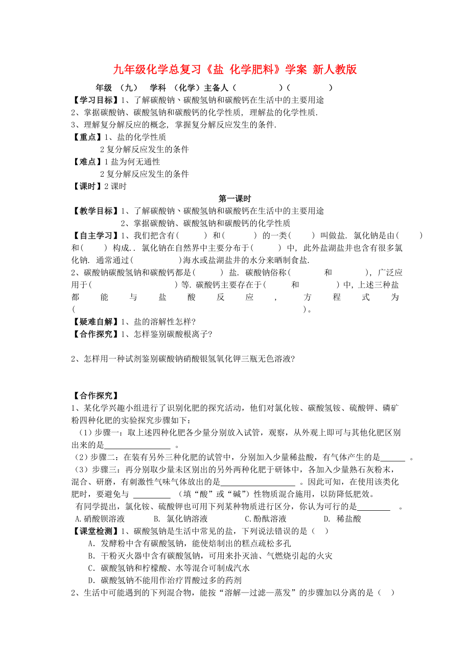 九年级化学总复习《盐 化学肥料》学案 新人教版_第1页