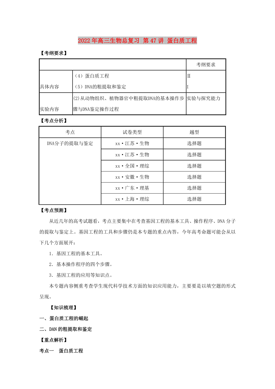 2022年高三生物总复习 第47讲 蛋白质工程_第1页