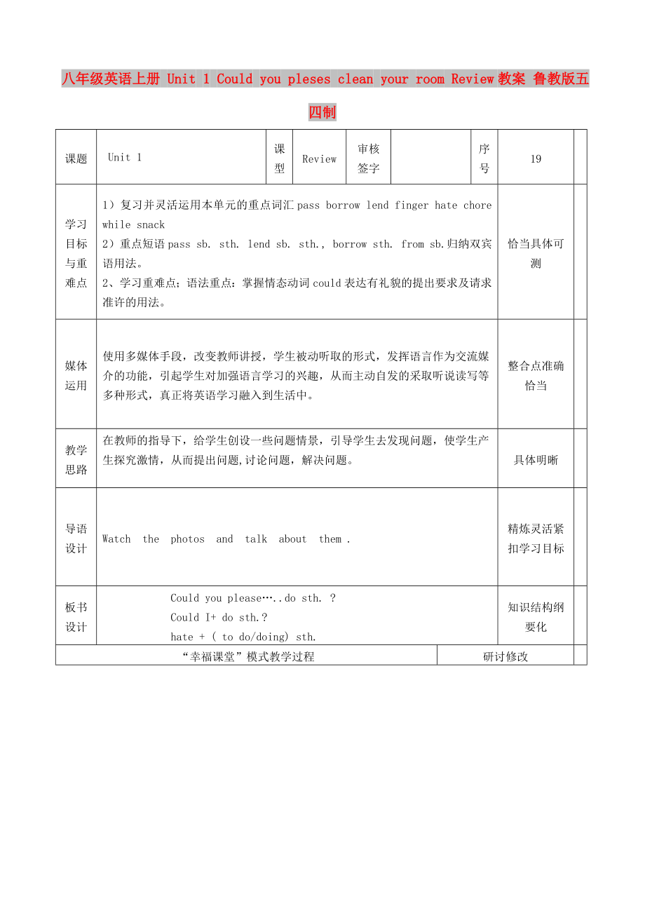 八年級英語上冊 Unit 1 Could you pleses clean your room Review教案 魯教版五四制_第1頁