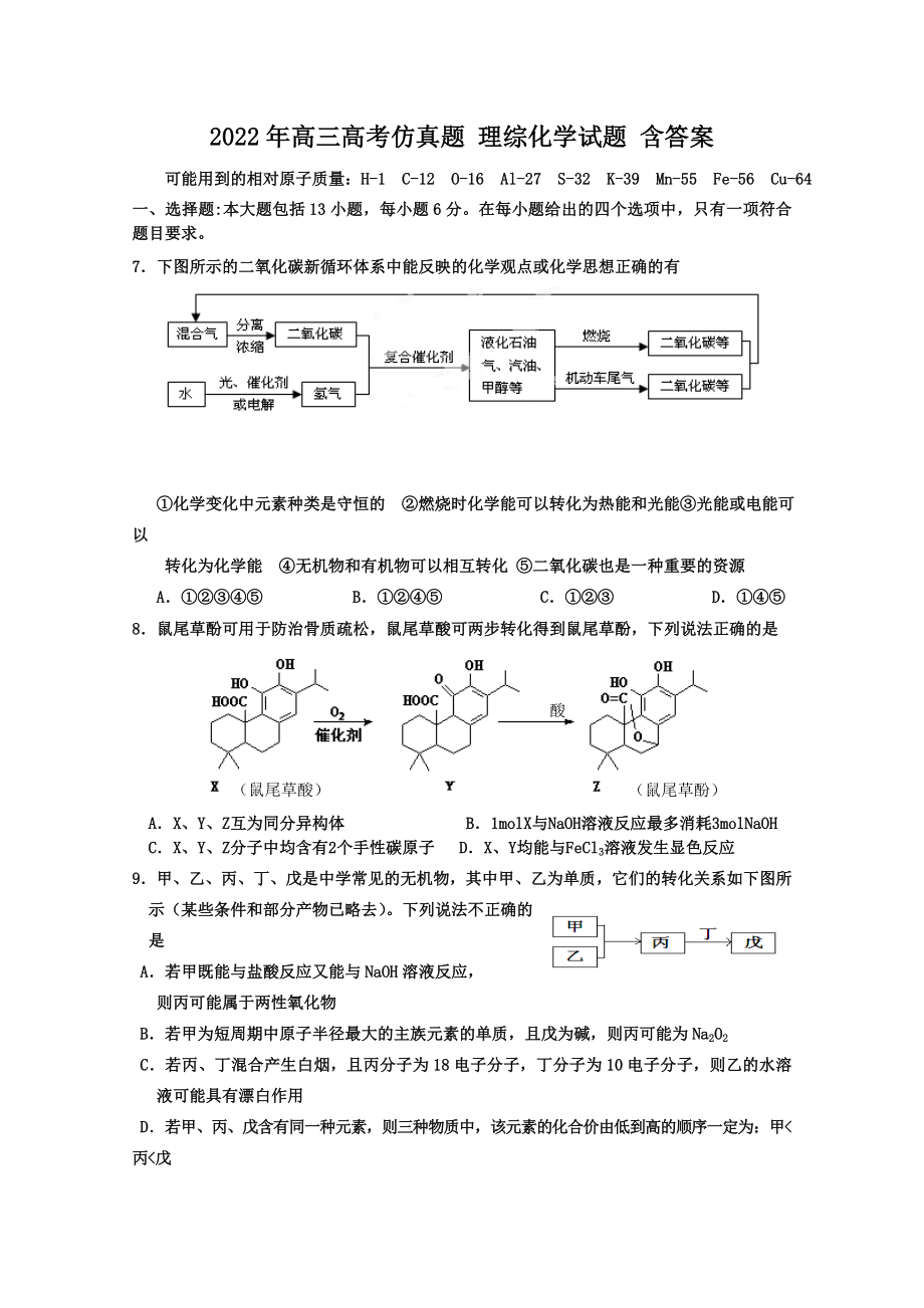 2022年高三高考仿真題 理綜化學(xué)試題 含答案_第1頁