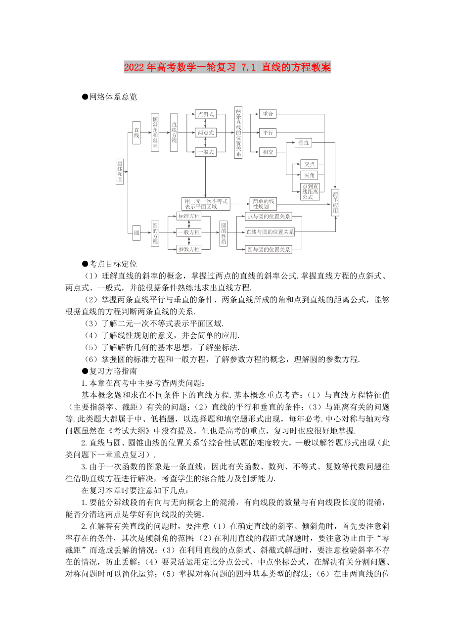 2022年高考数学一轮复习 7.1 直线的方程教案_第1页