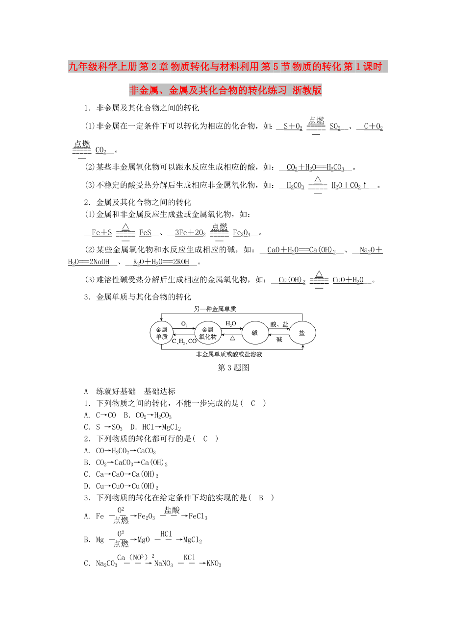 九年级科学上册 第2章 物质转化与材料利用 第5节 物质的转化 第1课时 非金属、金属及其化合物的转化练习 浙教版_第1页