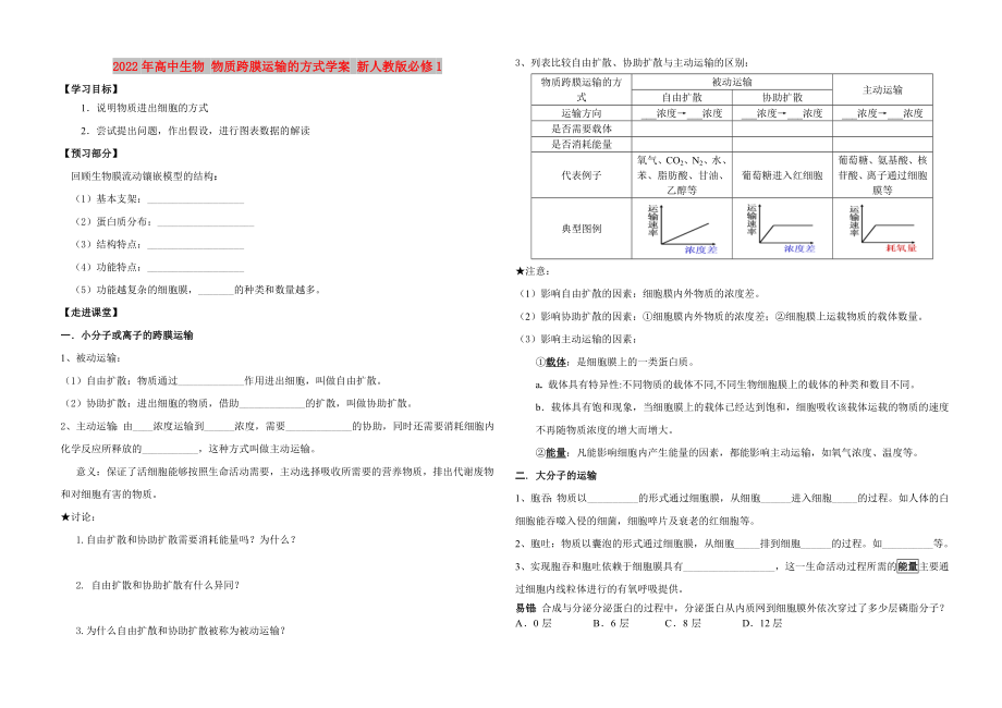 2022年高中生物 物質(zhì)跨膜運(yùn)輸?shù)姆绞綄W(xué)案 新人教版必修1_第1頁