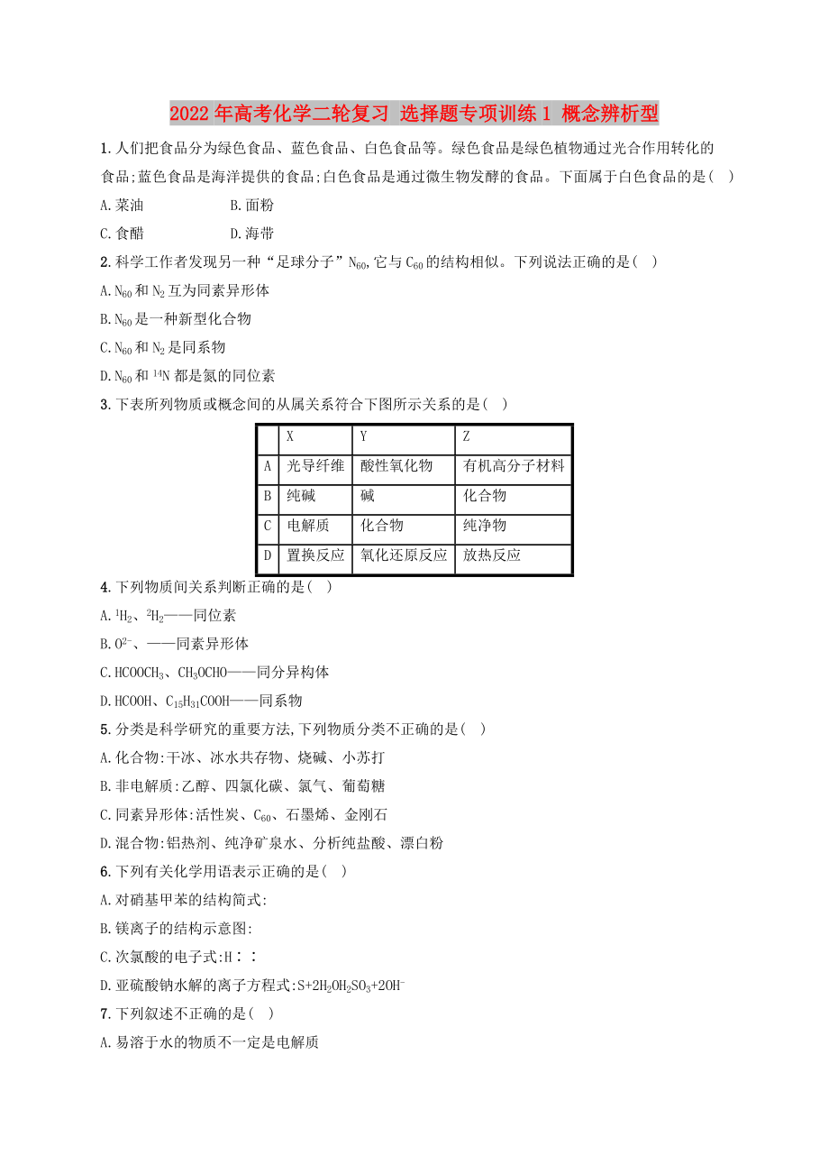 2022年高考化學(xué)二輪復(fù)習(xí) 選擇題專項訓(xùn)練1 概念辨析型_第1頁