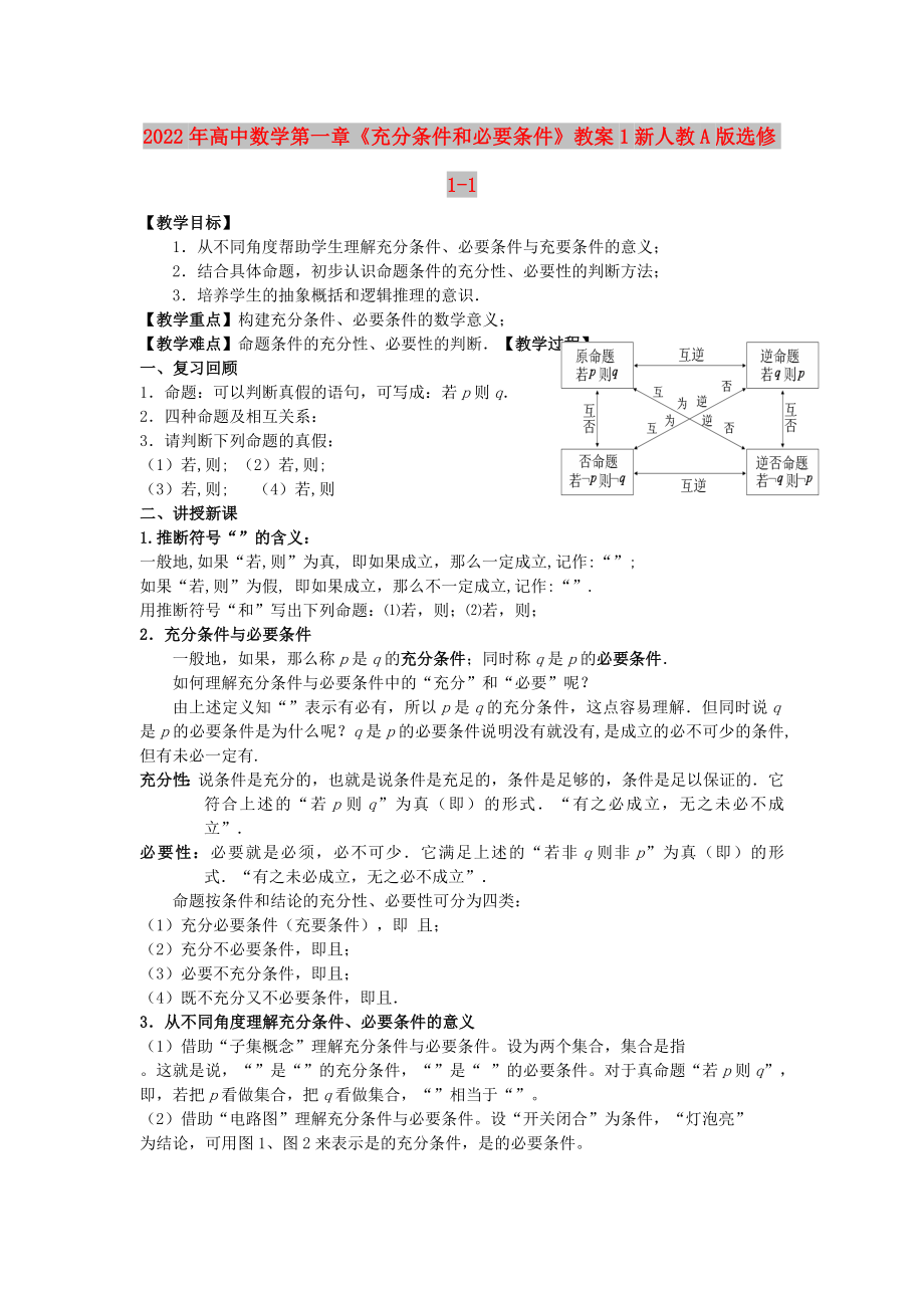 2022年高中數(shù)學(xué)第一章《充分條件和必要條件》教案1新人教A版選修1-1_第1頁(yè)