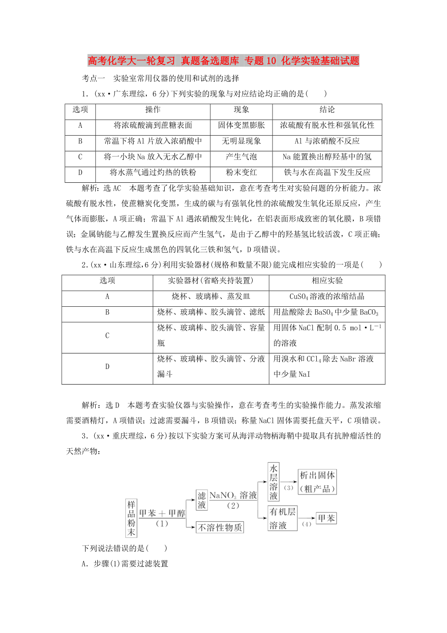 高考化學大一輪復習 真題備選題庫 專題10 化學實驗基礎(chǔ)試題_第1頁