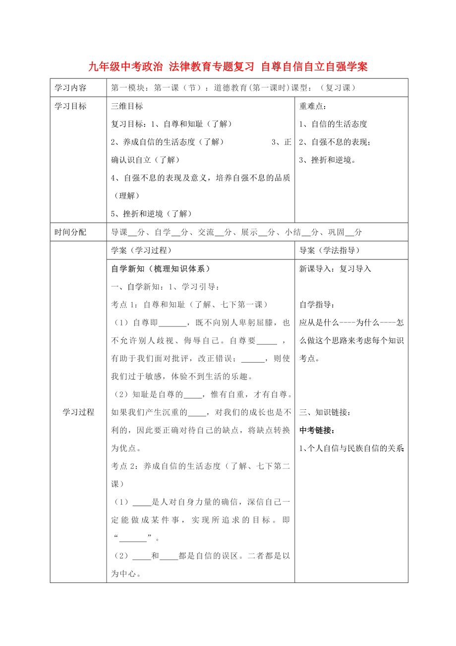 九年级中考政治 法律教育专题复习 自尊自信自立自强学案_第1页