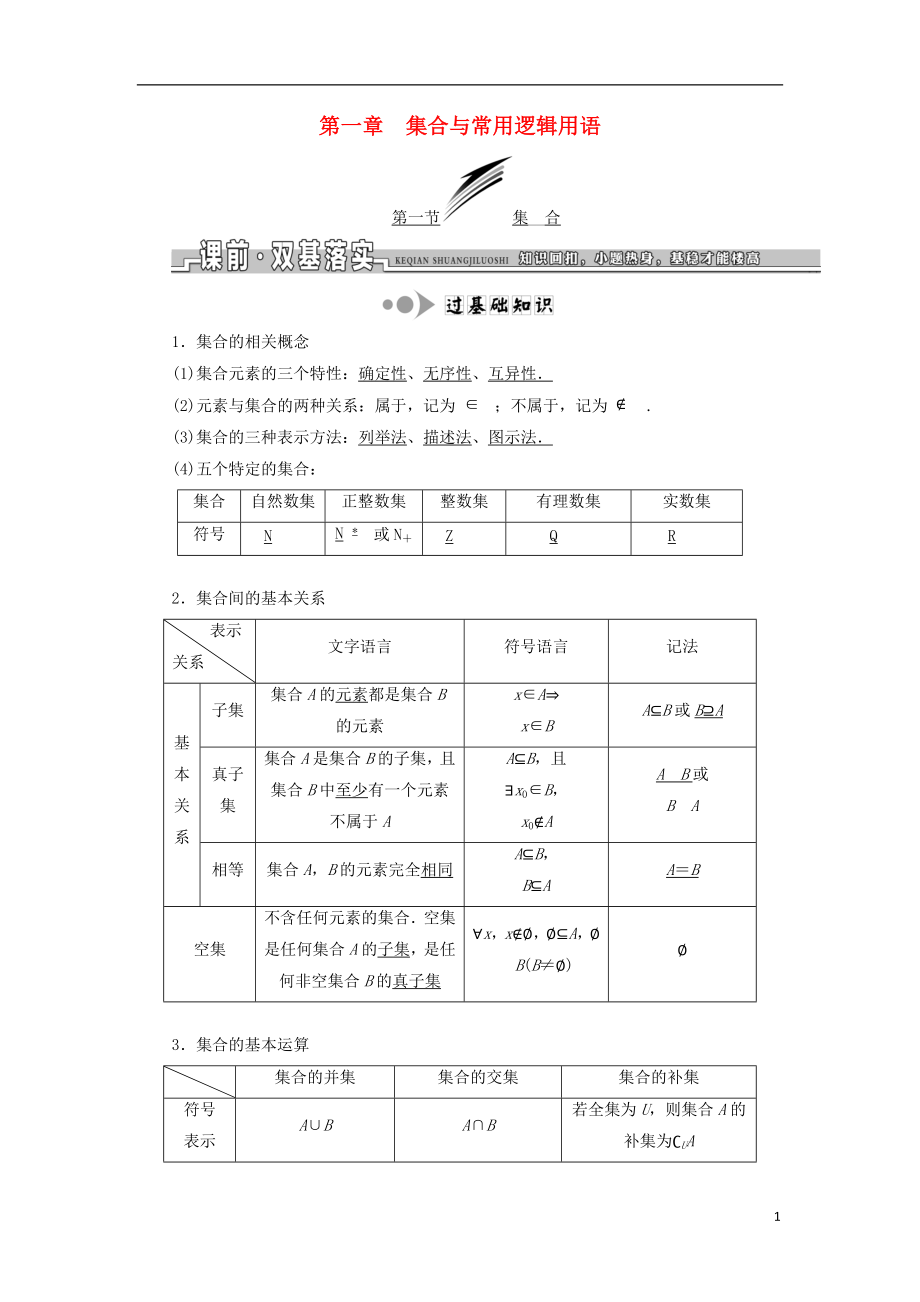 2019屆高考數(shù)學一輪復習 第一章 集合與常用邏輯用語學案 理_第1頁