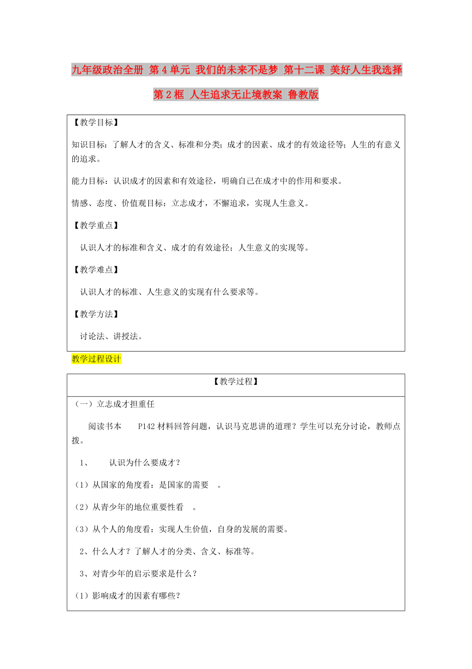 九年級(jí)政治全冊(cè) 第4單元 我們的未來不是夢(mèng) 第十二課 美好人生我選擇 第2框 人生追求無止境教案 魯教版_第1頁