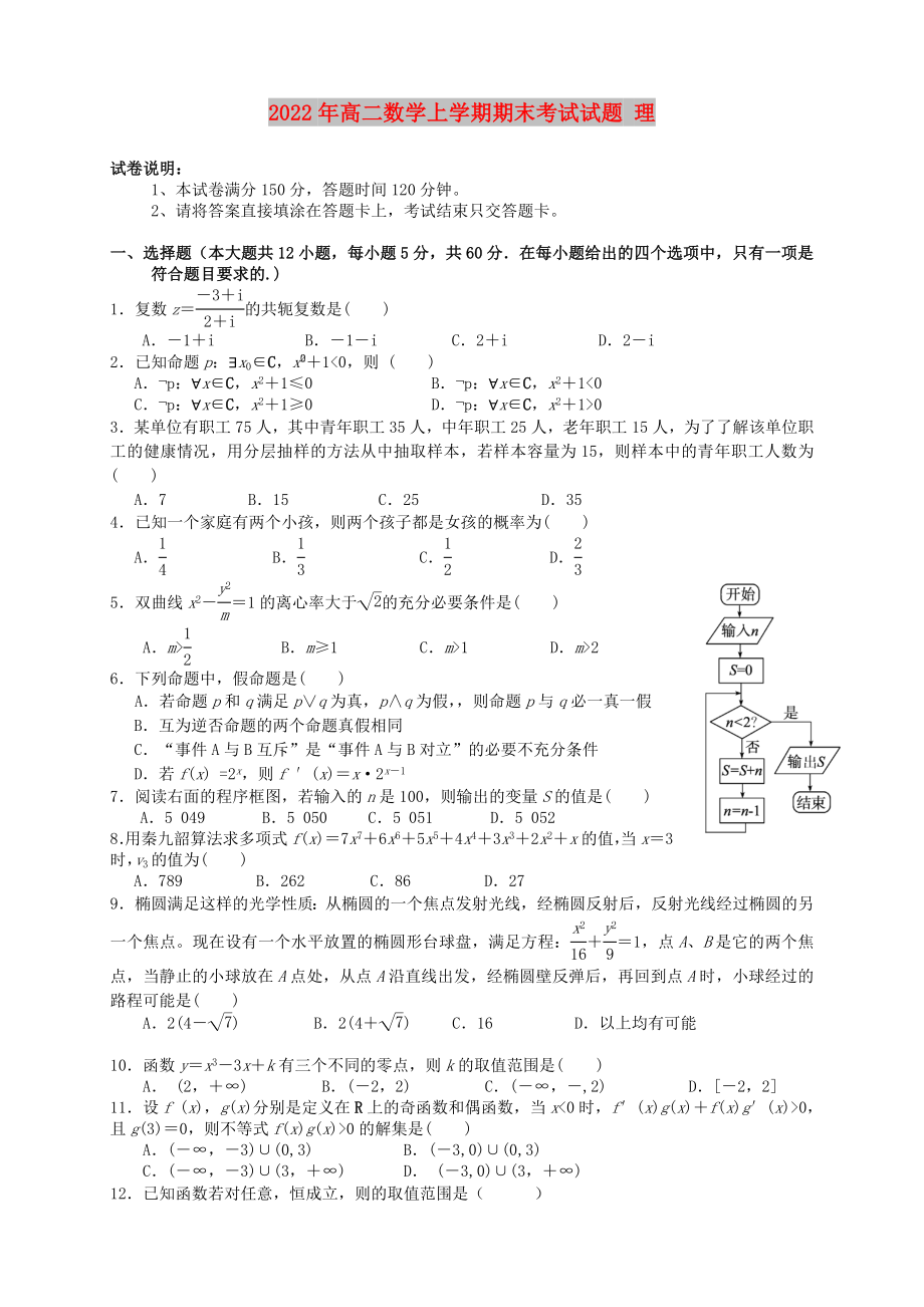 2022年高二數(shù)學(xué)上學(xué)期期末考試試題 理_第1頁(yè)