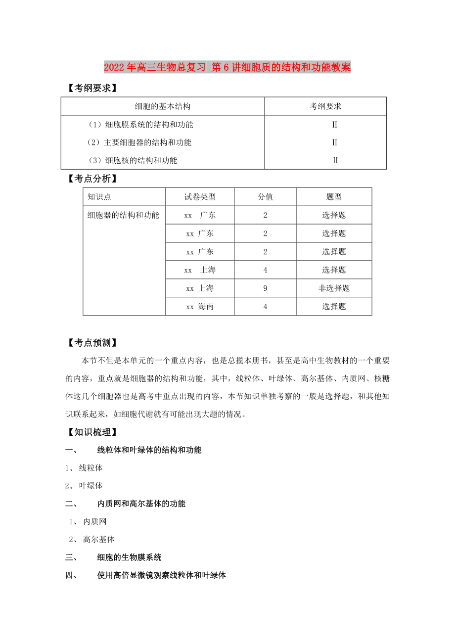 2022年高三生物总复习 第6讲细胞质的结构和功能教案_第1页