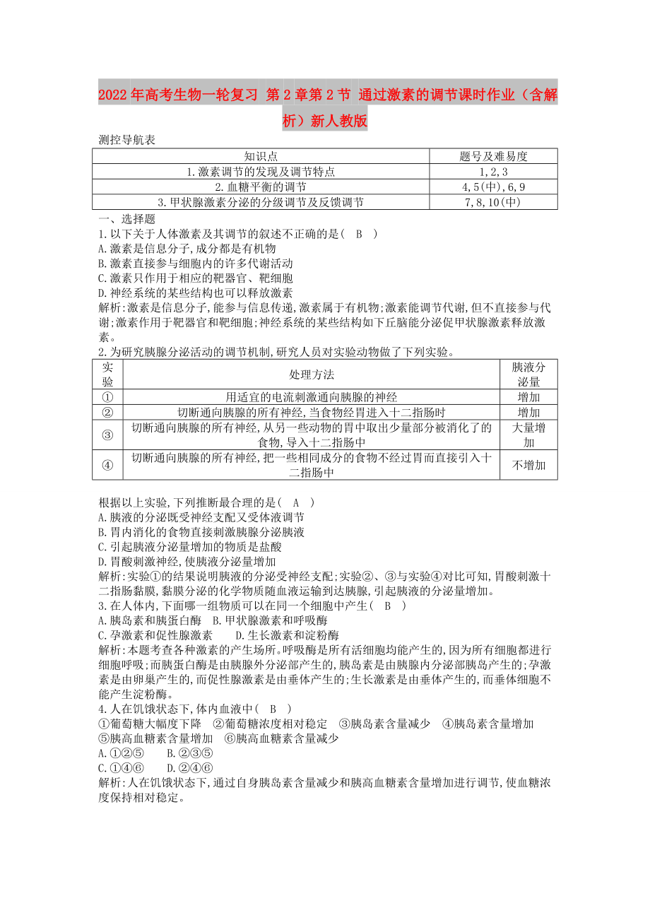 2022年高考生物一輪復習 第2章第2節(jié) 通過激素的調節(jié)課時作業(yè)（含解析）新人教版_第1頁