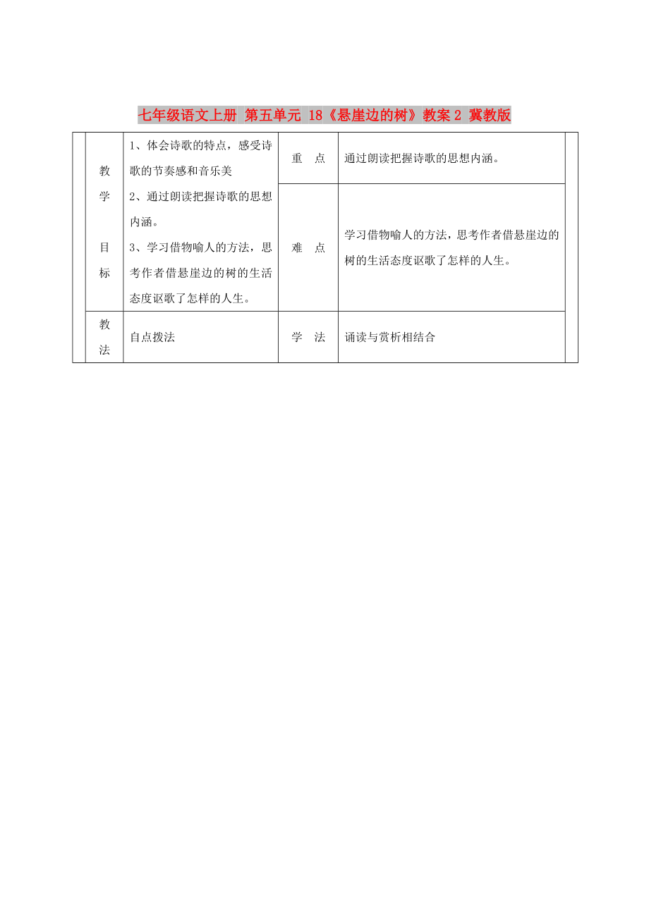 七年級語文上冊 第五單元 18《懸崖邊的樹》教案2 冀教版_第1頁