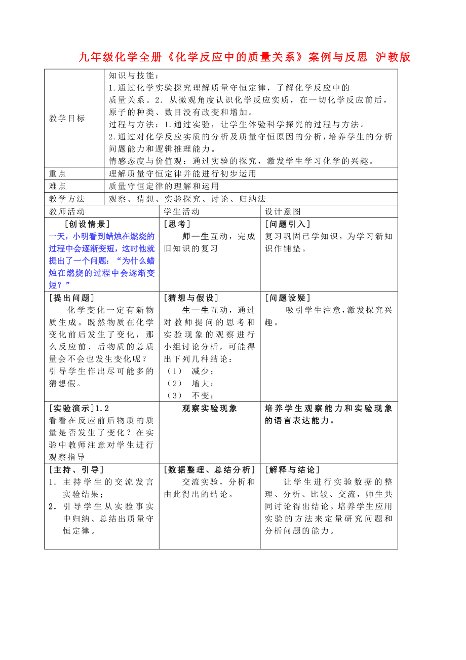 九年級化學(xué)全冊《化學(xué)反應(yīng)中的質(zhì)量關(guān)系》案例與反思 滬教版_第1頁