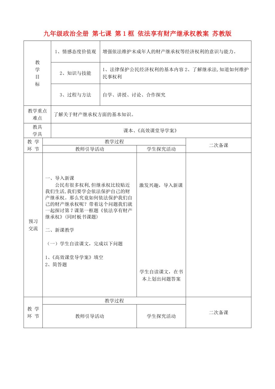 九年級政治全冊 第七課 第1框 依法享有財產(chǎn)繼承權(quán)教案 蘇教版_第1頁