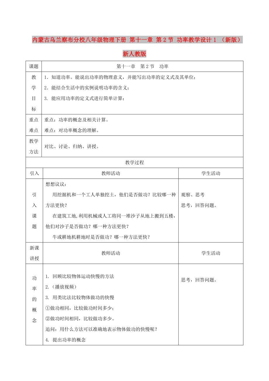 內(nèi)蒙古烏蘭察布分校八年級(jí)物理下冊(cè) 第十一章 第2節(jié) 功率教學(xué)設(shè)計(jì)1 （新版）新人教版_第1頁(yè)