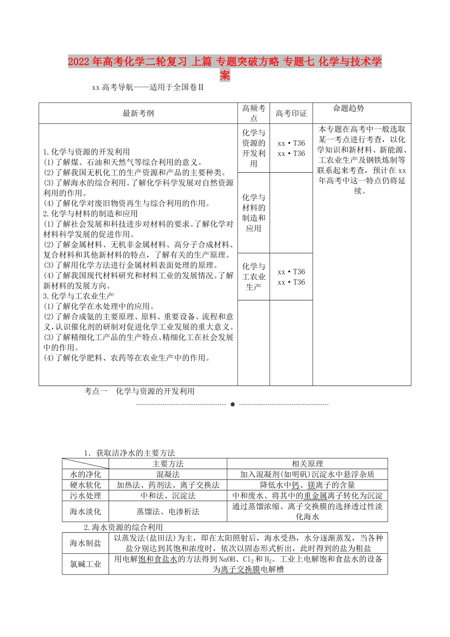 2022年高考化學二輪復(fù)習 上篇 專題突破方略 專題七 化學與技術(shù)學案_第1頁