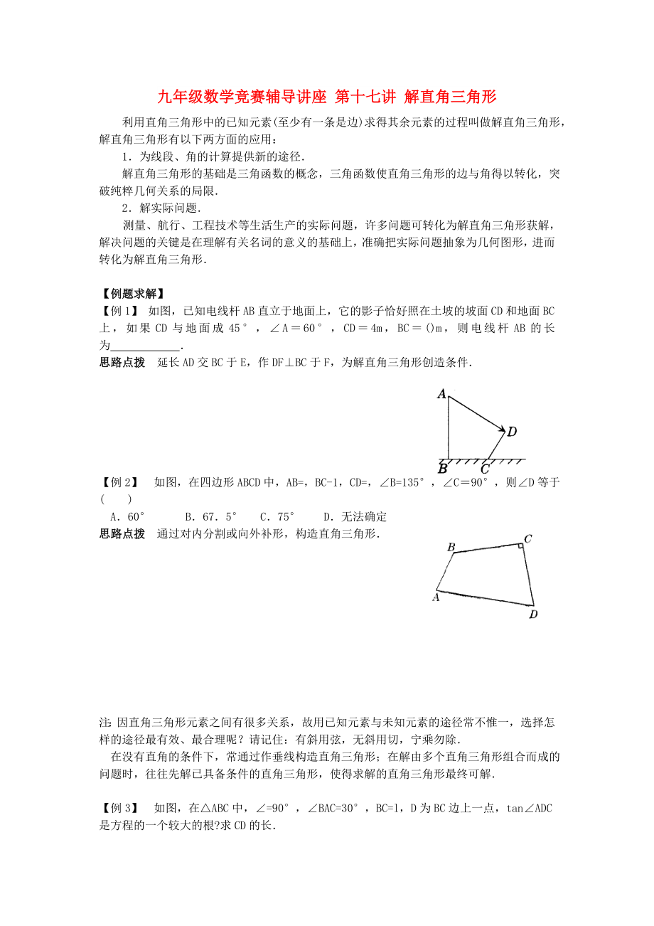 九年級(jí)數(shù)學(xué)競(jìng)賽輔導(dǎo)講座 第十七講 解直角三角形_第1頁(yè)