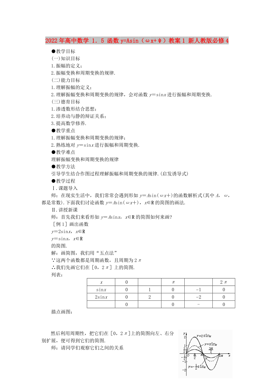 2022年高中數(shù)學(xué) 1．5 函數(shù)y=Asin（ωx+ψ）教案1 新人教版必修4_第1頁(yè)