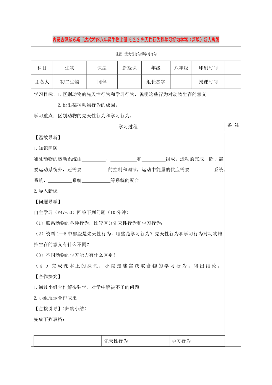 內(nèi)蒙古鄂爾多斯市達(dá)拉特旗八年級(jí)生物上冊(cè) 5.2.2先天性行為和學(xué)習(xí)行為學(xué)案（新版）新人教版_第1頁(yè)