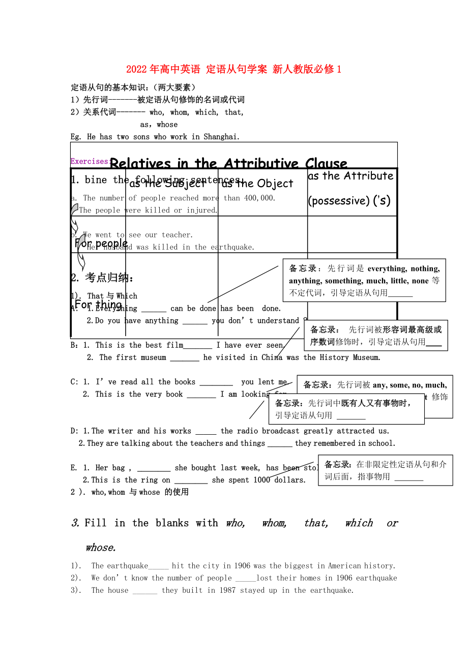 2022年高中英語 定語從句學(xué)案 新人教版必修1_第1頁