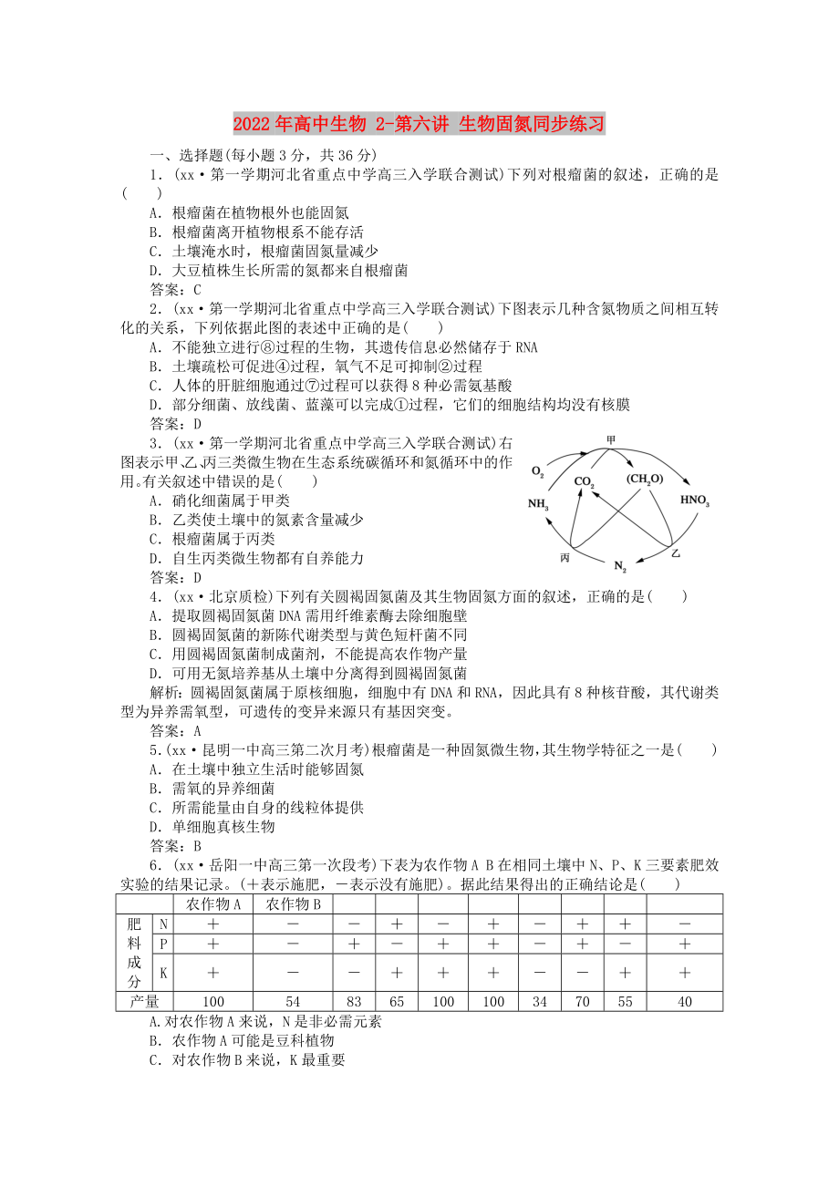 2022年高中生物 2-第六講 生物固氮同步練習_第1頁