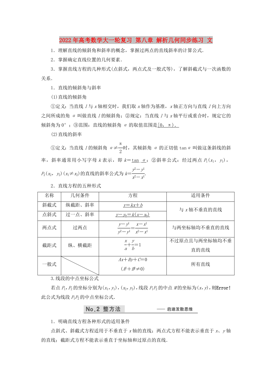 2022年高考数学大一轮复习 第八章 解析几何同步练习 文_第1页